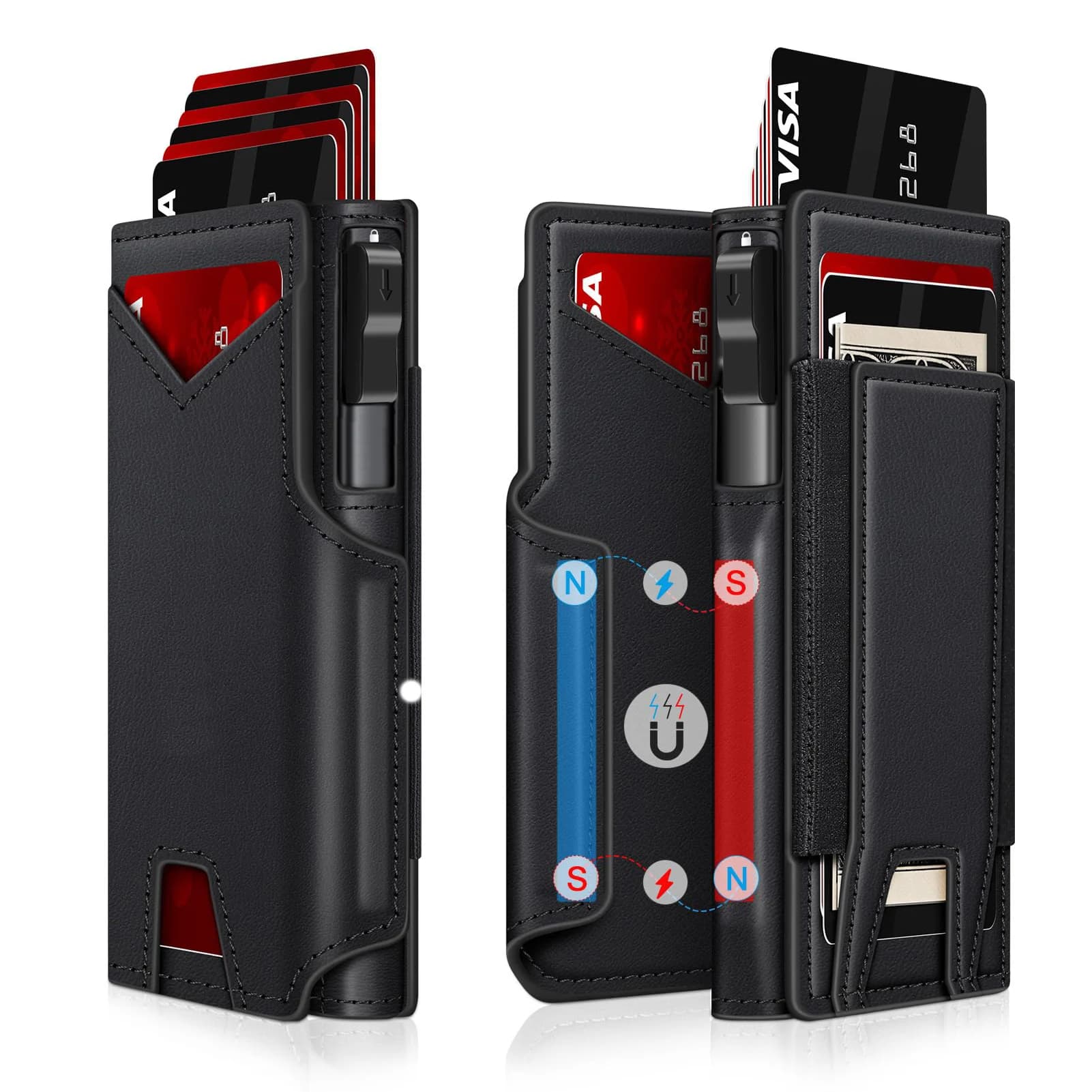 Nuovo portafoglio in pelle nera per uomo Portafoglio bifold sottile con blocco RFID con portacarte in metallo pop-up e maniche per carte Portafoglio POP UP2026