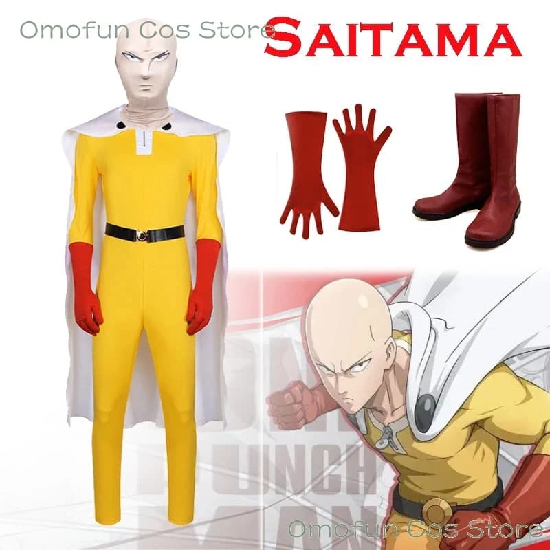 Costume Cosplay ONE PUNCH-MAN Saitama con Mantello, Stivali e Maschera, Abbigliamento per Roleplay Anime Wanpanman, Halloween, Eventi ACG
