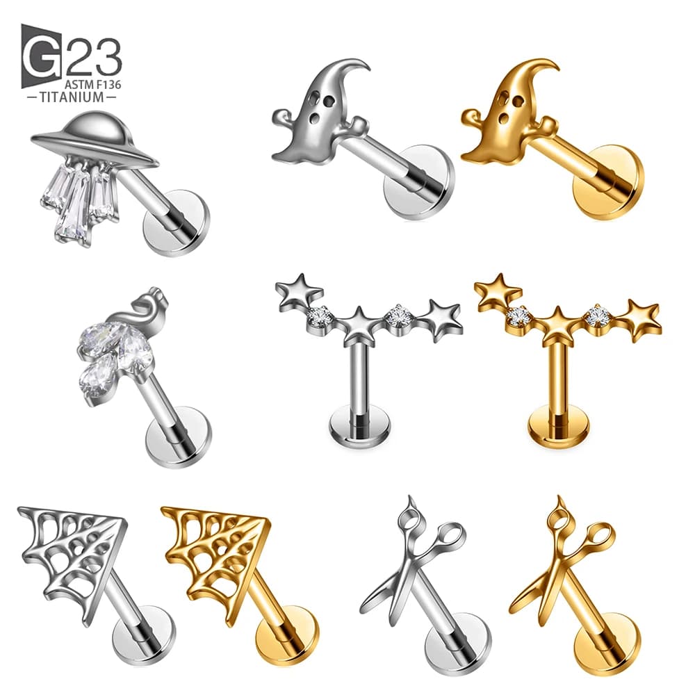 ASTM F136 Titanio 16G Piatto Fantasma di Halloween Forbici Orecchino Della Vite Prigioniera Posteriore Cartilagine Elica Labret Labbro Medusa Gioielli Penetranti