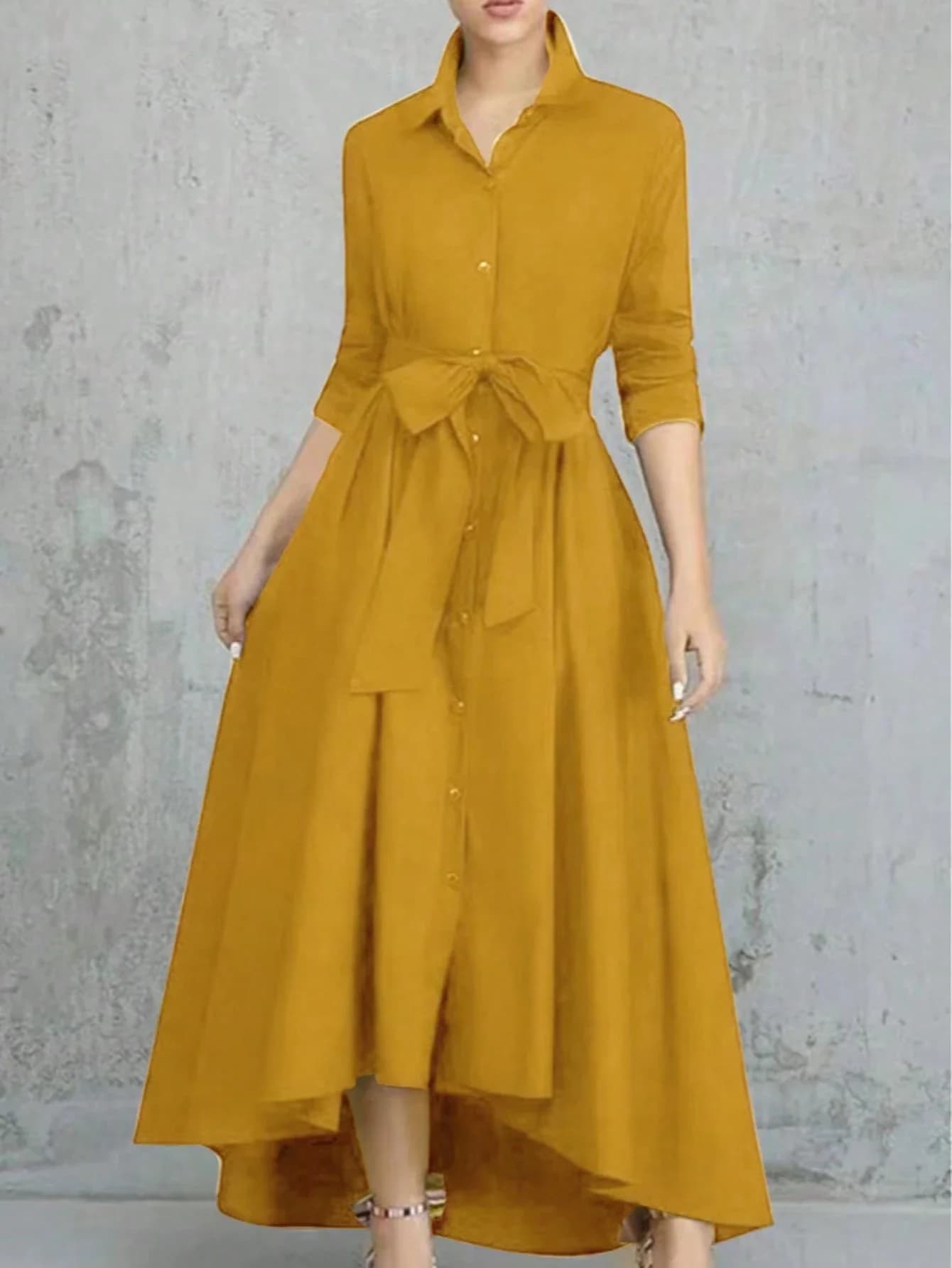 Abito casual a tinta unita con bottoni frontali e cintura, modello ad A, elegante per la primavera