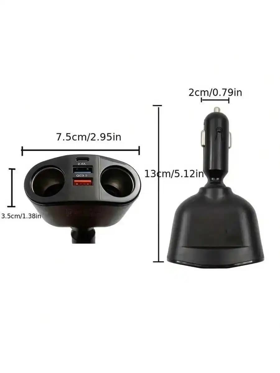 Caricabatterie da auto QC3.0 da 66 W con doppia porta USB e splitter con presa di tipo C a 5 porte per telefoni e dashcam
