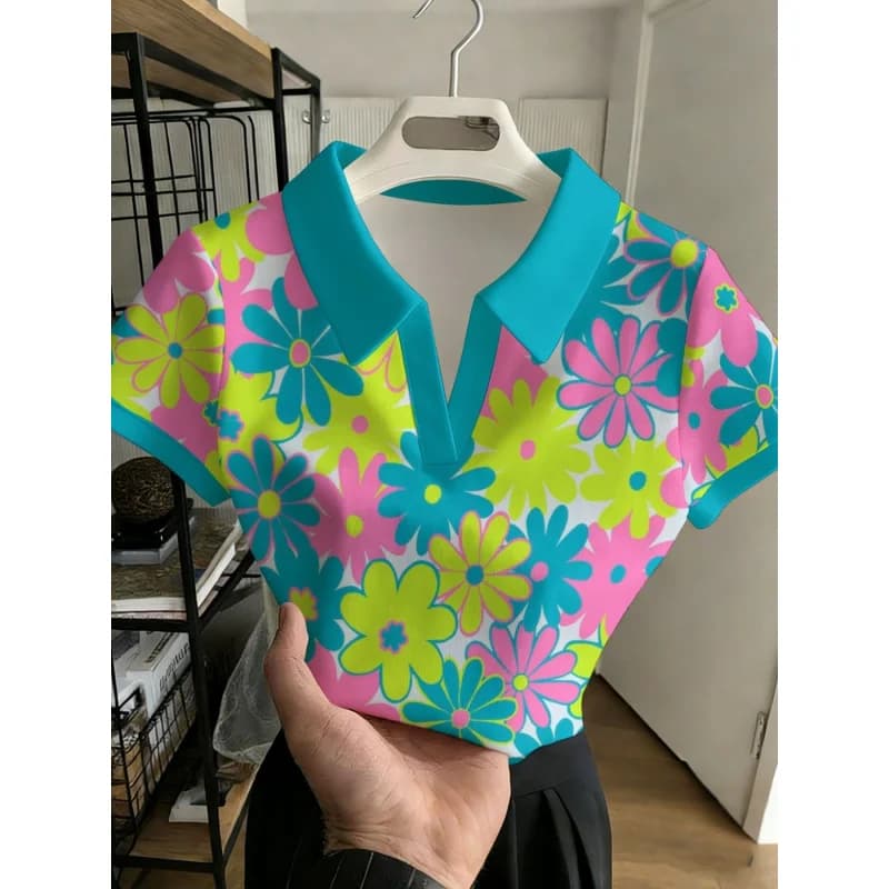 Dopamine color-blocking neon daisy print short-sleeve shirt for womenWomen's Collared T-Shirt