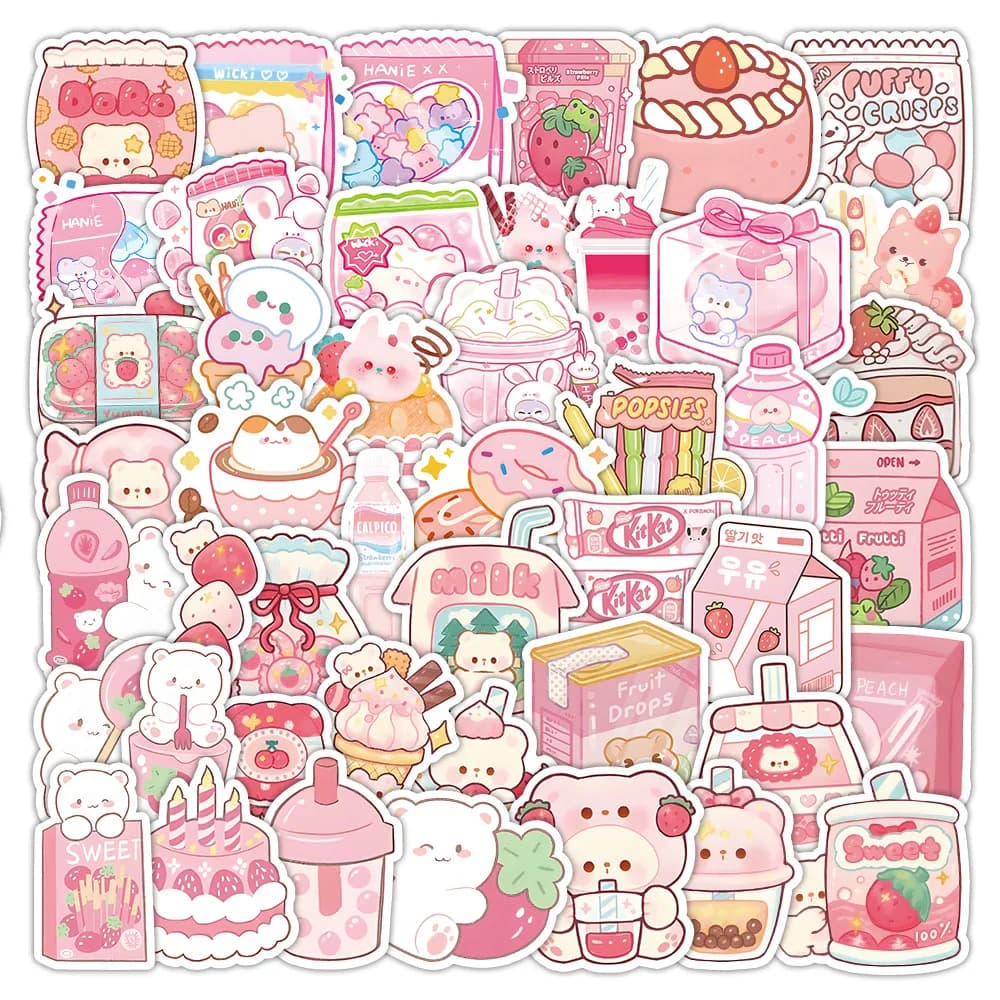 63 Adesivi Cartoon Rosa a Tema Snack - Simpatici Decalcomani a Tema Cibo per Quaderni, Valigie e Decorazioni Fai-da-te - Negozio RecordingYourLife