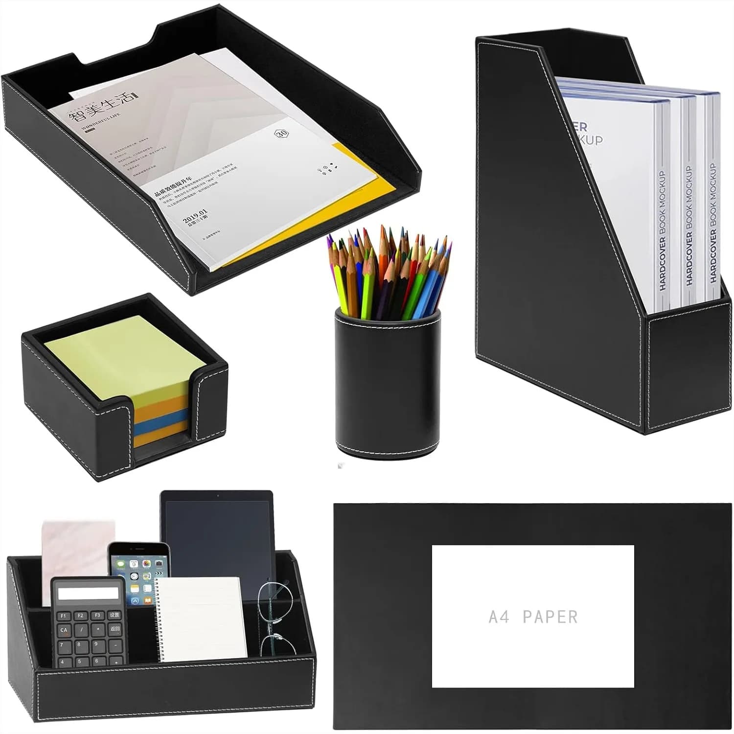 Set Organizzatore da Scrivania in Pelle PU 6 Pezzi, Blocco per Appunti, Portadocumenti, Portapenne, Porta Biglietti da Visita, Nero