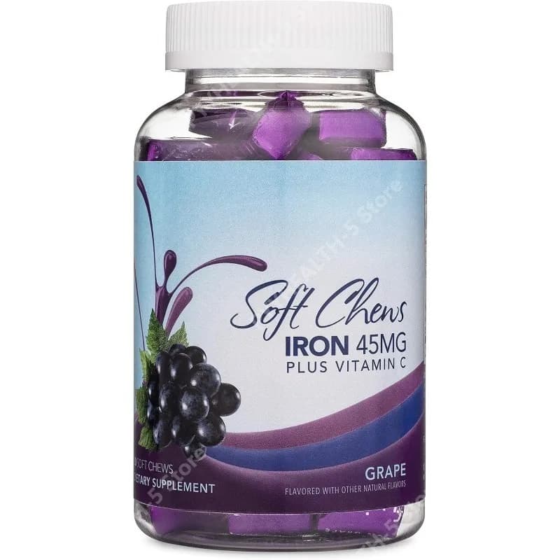 Integratore di Ferro Masticabile per Donne e Uomini, Gusto Uva con Vitamina C, Fumarato Ferroso, Confezione per 2 Mesi con Formula Giornaliera