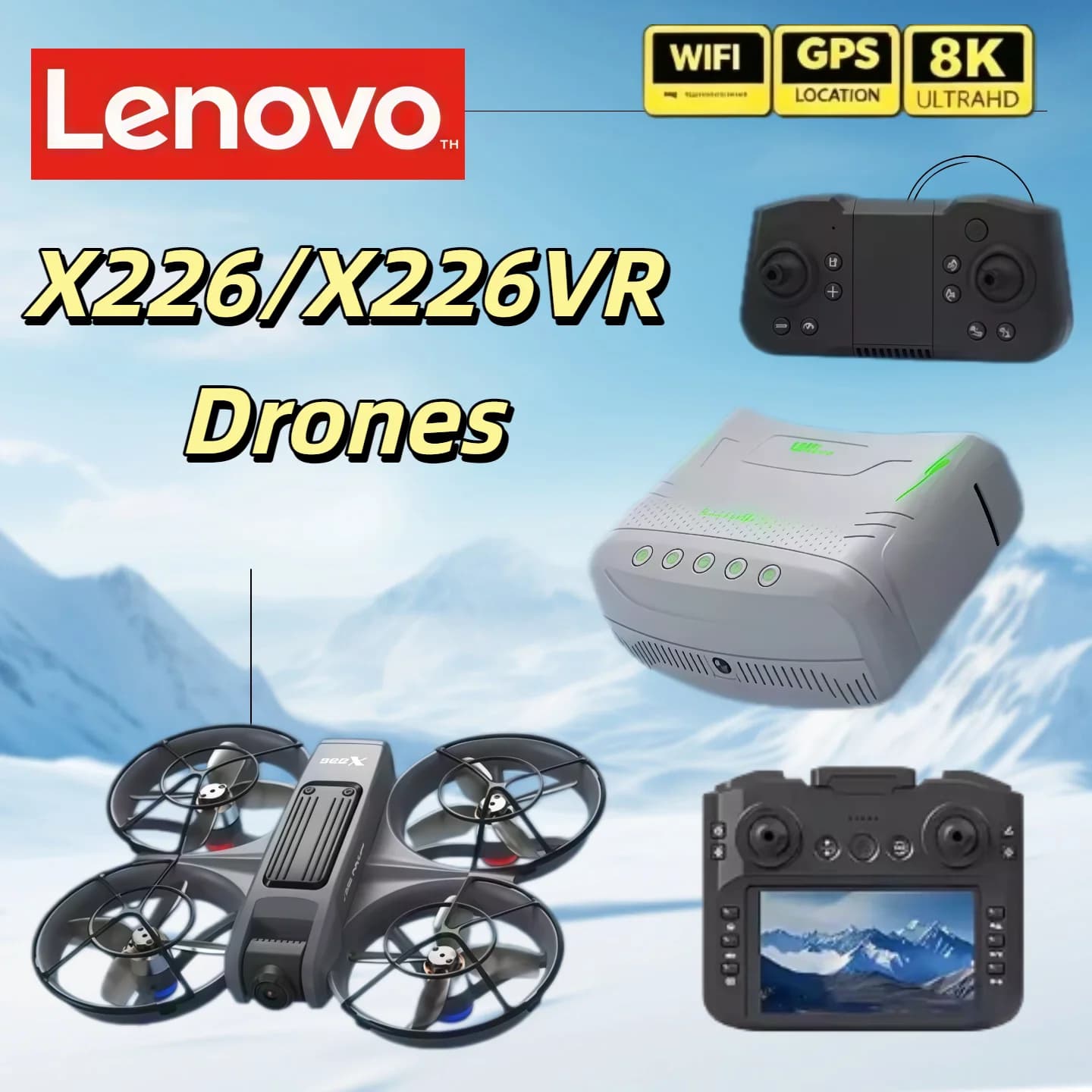 Drone Lenovo 8K X226/X226VR Professionale con Telecamera HD Grandangolare, WiFi FPV, Elicottero RC, Schermo Grande, Quadricottero Pieghevole