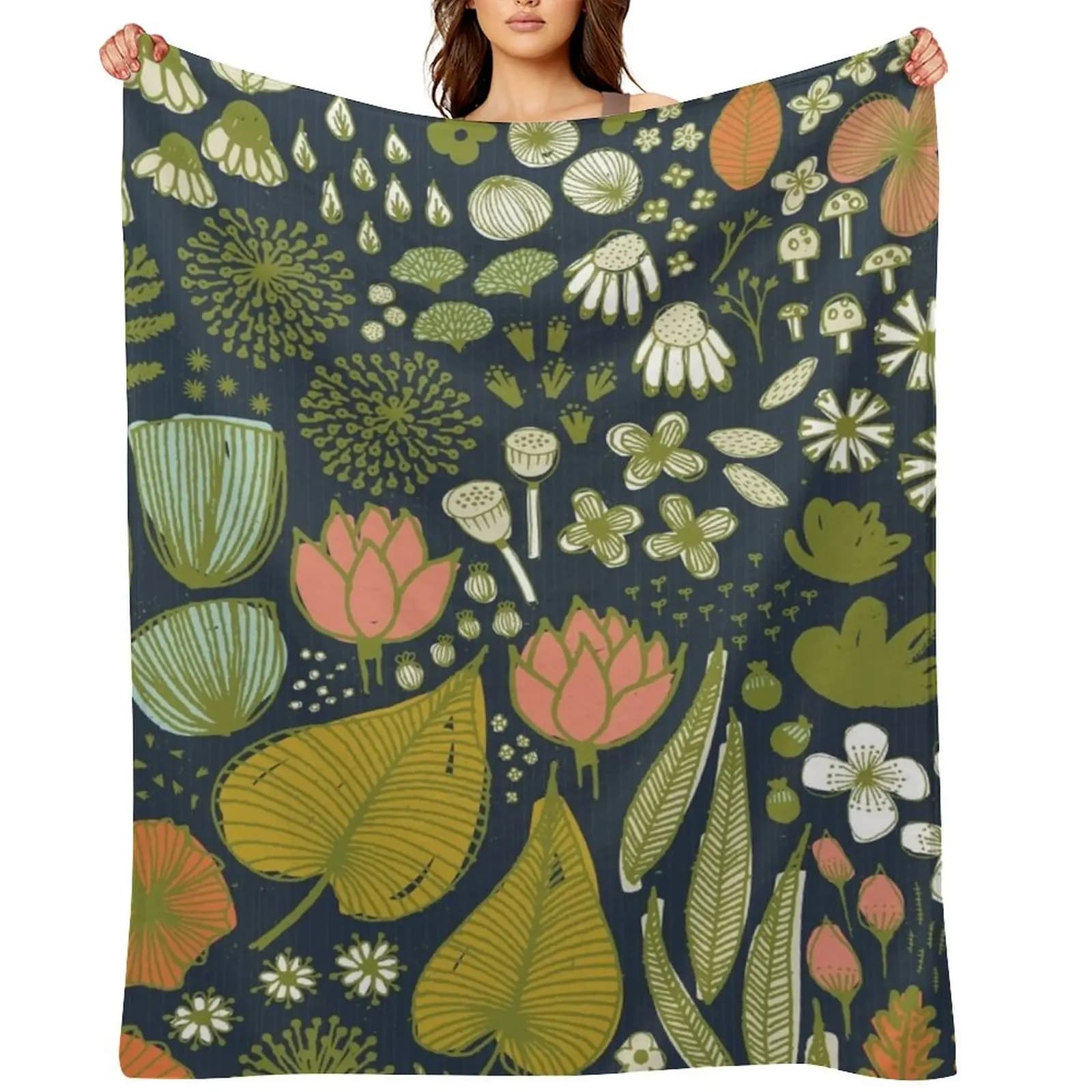 Botanical Sketchbook M+M Navy by Friztin Throw Blanket Bed linens Furrys Designers for winter Stuffeds Blankets