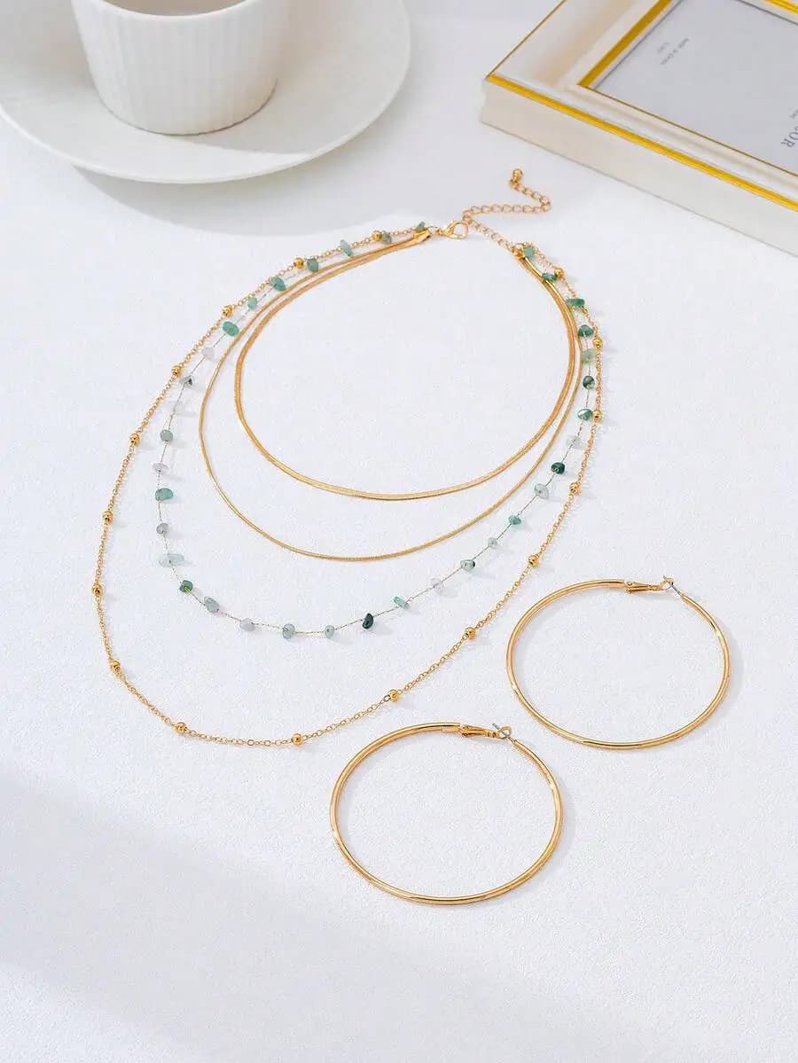 Layered Stone Necklace With Green Beads And Hoop Earrings Set