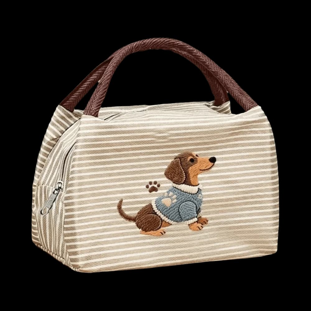 Reusable Puppy Embroidery Thermal Lunch Bag Insulated Striped Tote Bag Portable Handheld Food Container Bag Camping