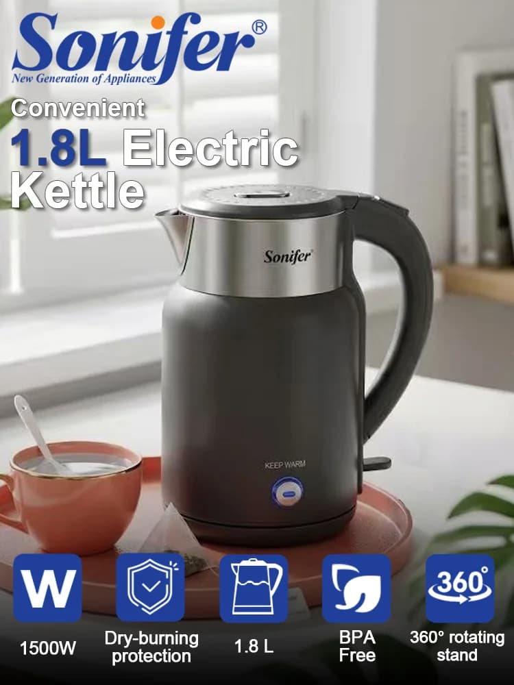 Sonifer SF-2146 Electric Kettle 1.8L Stainless Steel Double Wall Keep Warm Auto Shut-Off 1500W for Home Kitchen
