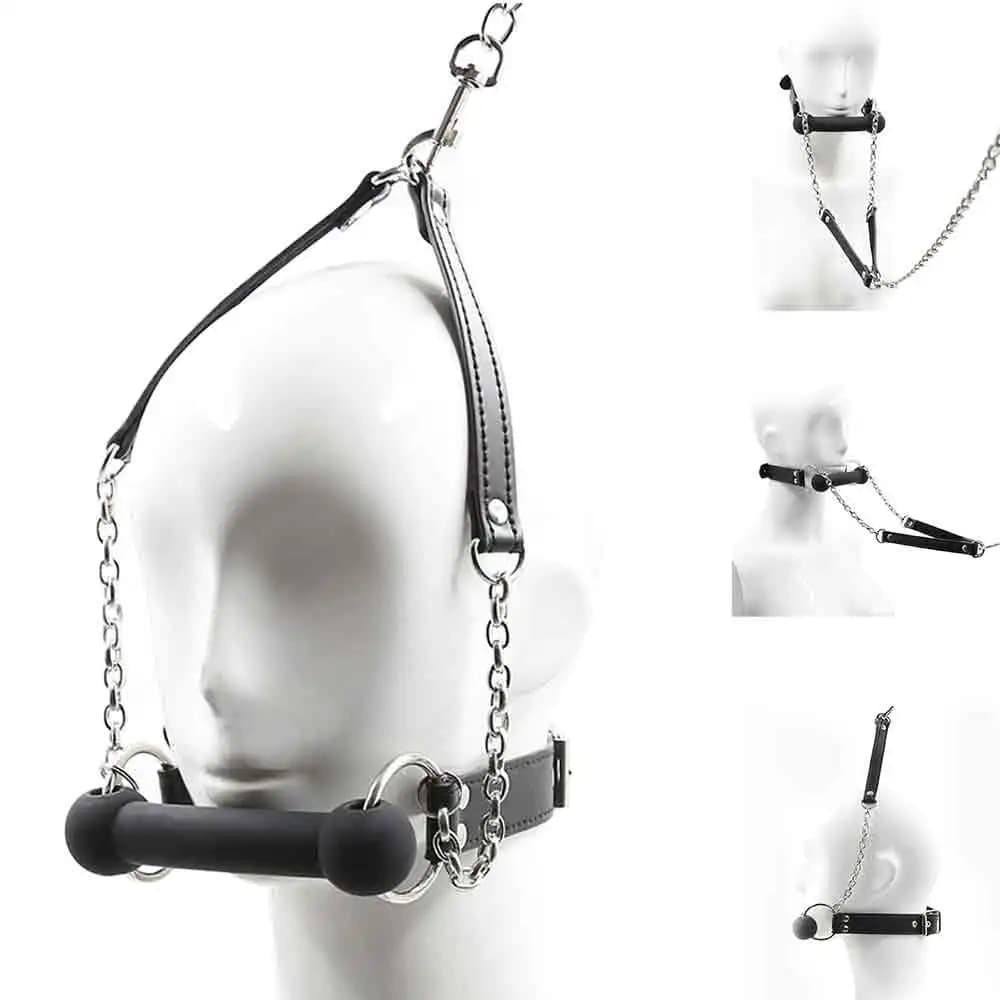 Schiavo Morso di cane Osso Bocca Gag Strap Cavallo Imbracatura Guinzaglio di ritenuta Fissaggio orale Schiavo Farcito Flirtare BDSM Giocattoli del sesso per coppie