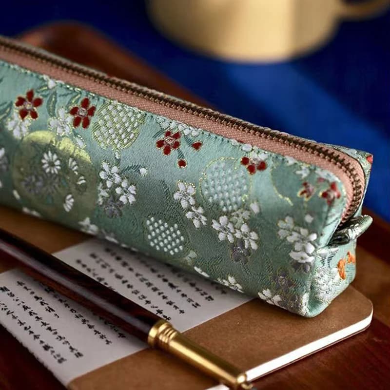 1Pc Vintage Gold Stamping Embroidery Pencil Bag Large Capacity Pencilcase Pencil Pouch Cosmetic Bag Student Stationery