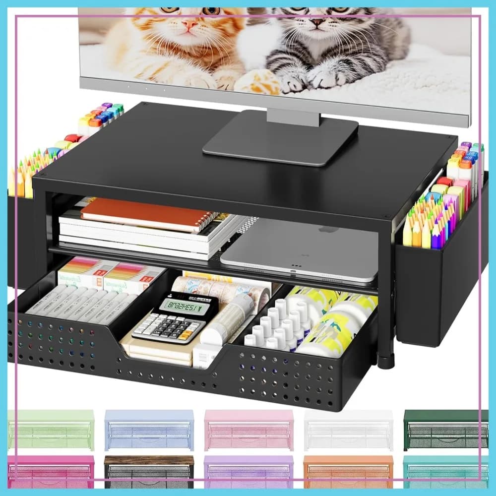 Supporto per Monitor con Cassetto e 2 Portapenne, Supporto per Laptop e Stampante, Organizzatore da Scrivania per Forniture da Ufficio, Nero