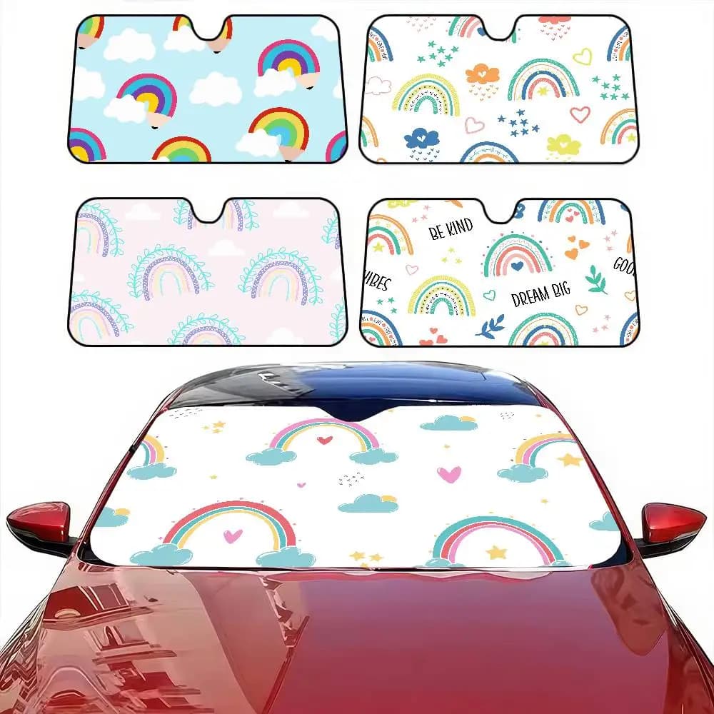 Parasole per parabrezza per auto con stampa arcobaleno dei cartoni animati - Copertura per finestrino anteriore dei cartoni animati, anti-UV, accessorio di protezione interna