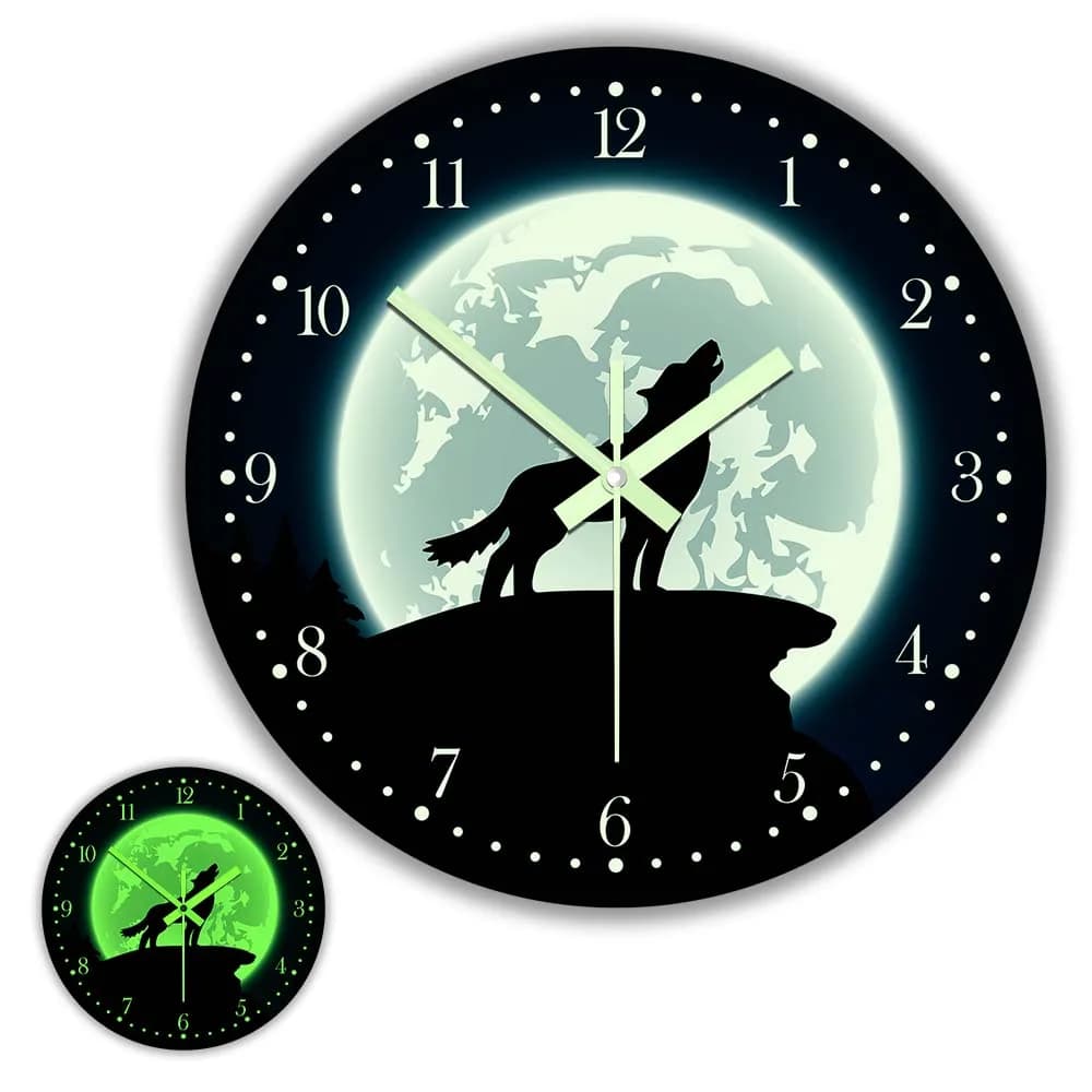 Lupo urlante con luna che si illumina al buio Orologio da parete Decorazioni per la casa per uomo Cave Wilderness Orologio da parete luminoso con lupo grigio della fauna selvatica