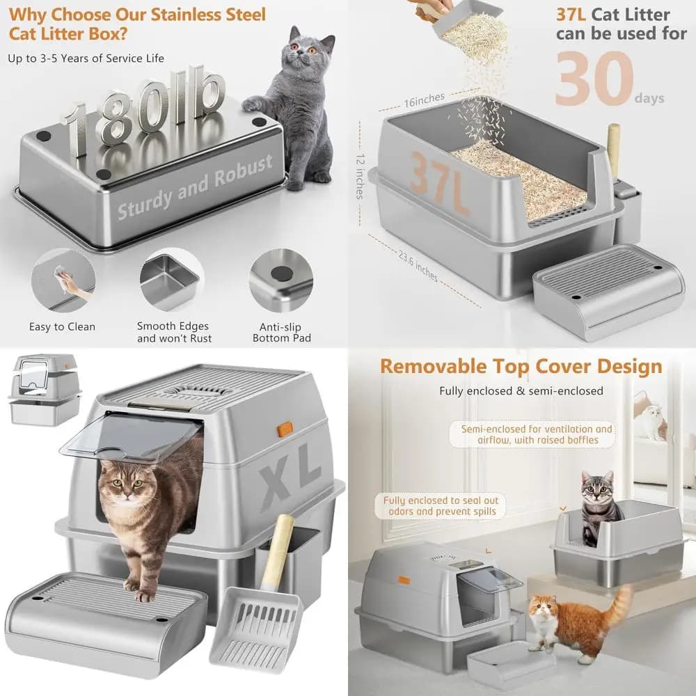Lettiera per Gatti in Metallo Extra Large con Coperchio, Bordi Alti, Anti-Perdita, Antiaderente, Facile da Pulire (Grigio)
