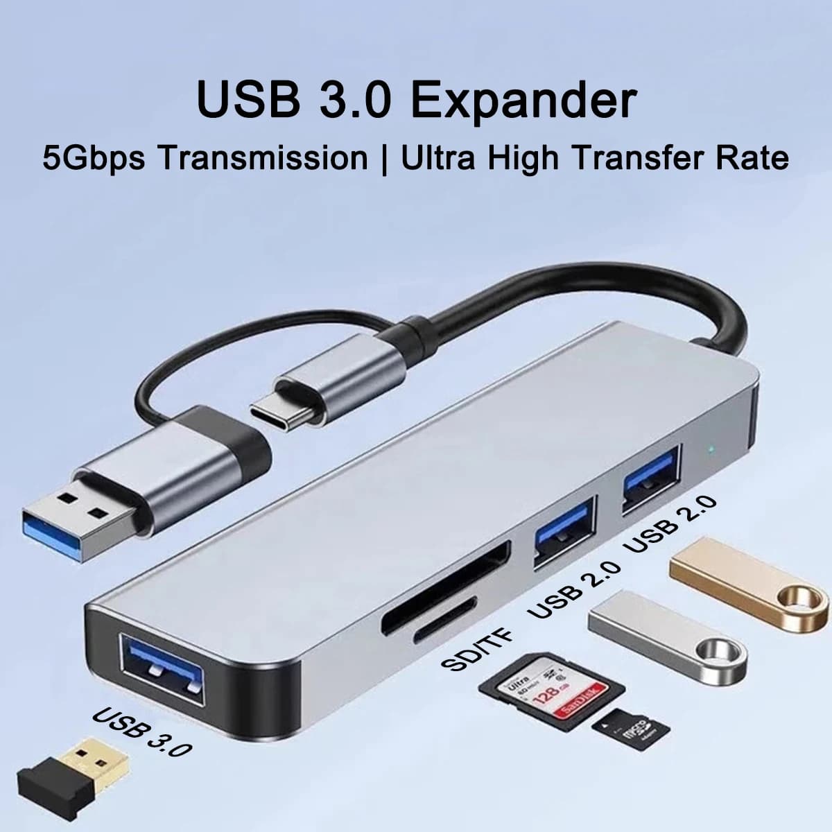 Hub USB-C USB 3.0 in alluminio 5 in 2 con lettore di schede di memoria e porte USB 3.0/2.0, adattatore hub per PC portatile MacBook Pro Air
