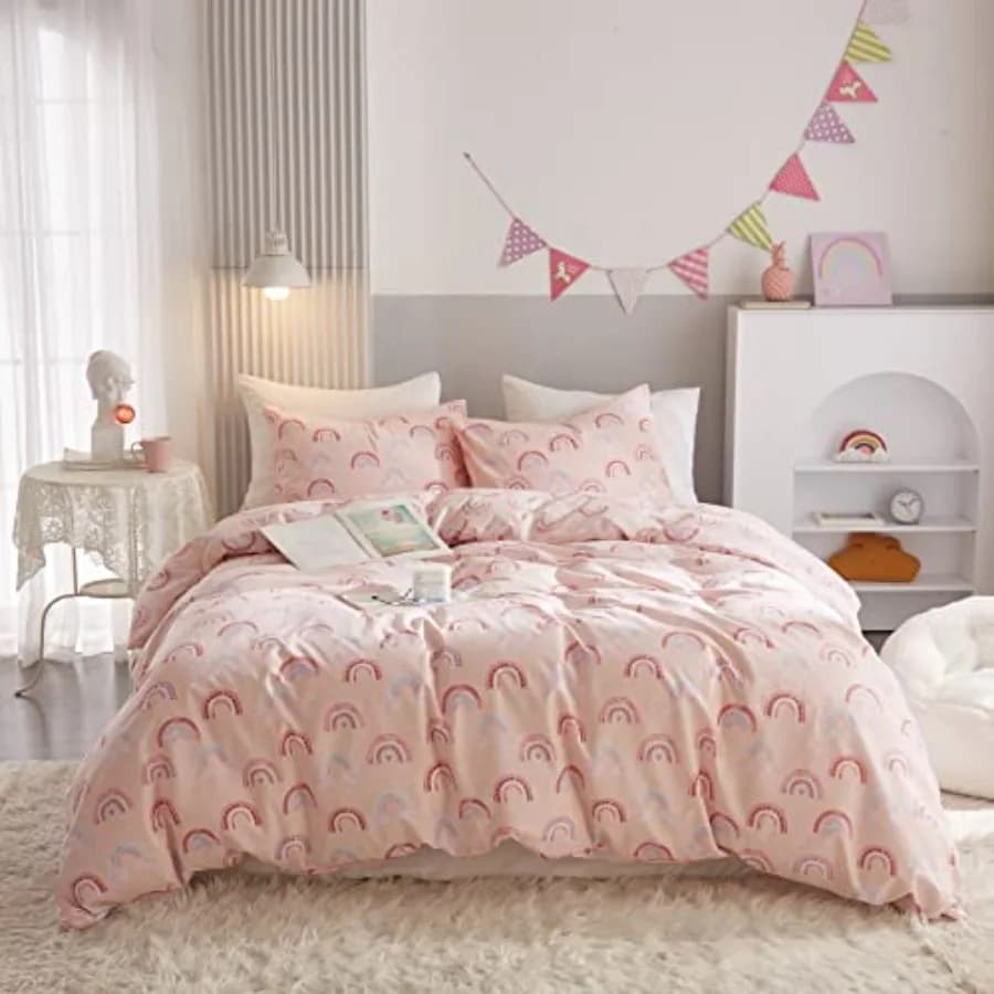 Set Copripiumino 100% Cotone Rosa per Ragazze, Set Biancheria da Letto Carino Kawaii 3 Pezzi Ultra Morbido e Traspirante per Bambini e Adolescenti con Motivi Cartoon
