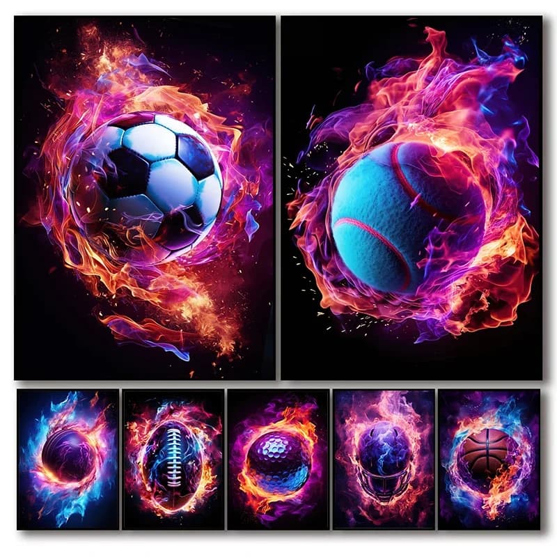 Large-sized 1pc frameless Canvas Painting Sports Legends Flame Engulfed Tennis Ball Posters Helmet's Gleam Football Prints Canva