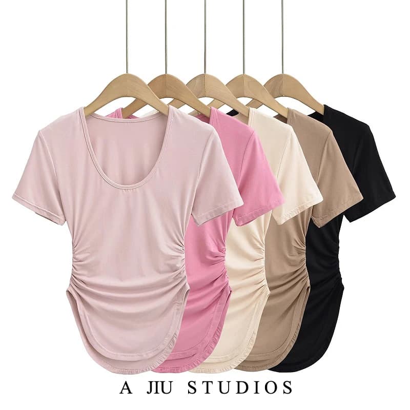 T-shirt da donna slim fit con scollo a U e coulisse in vita, a maniche corte, stile streetwear, top estivo che esalta la silhouette