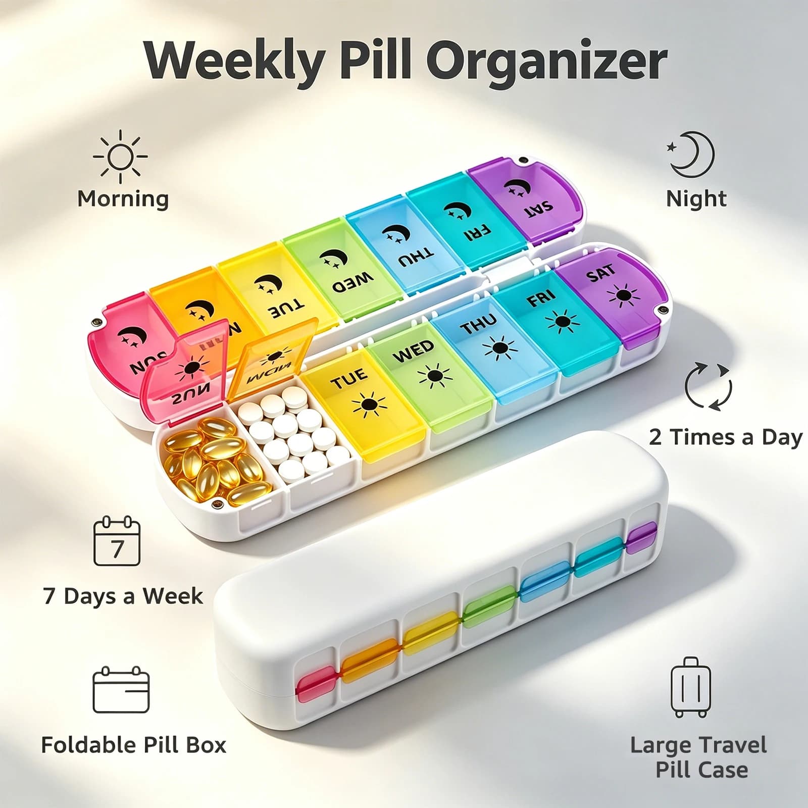 Weekly Pill Organizer 2 Times Daily 14 Compartments Pill Case for Medications Vitamins Supplements Magnetic Foldable Container