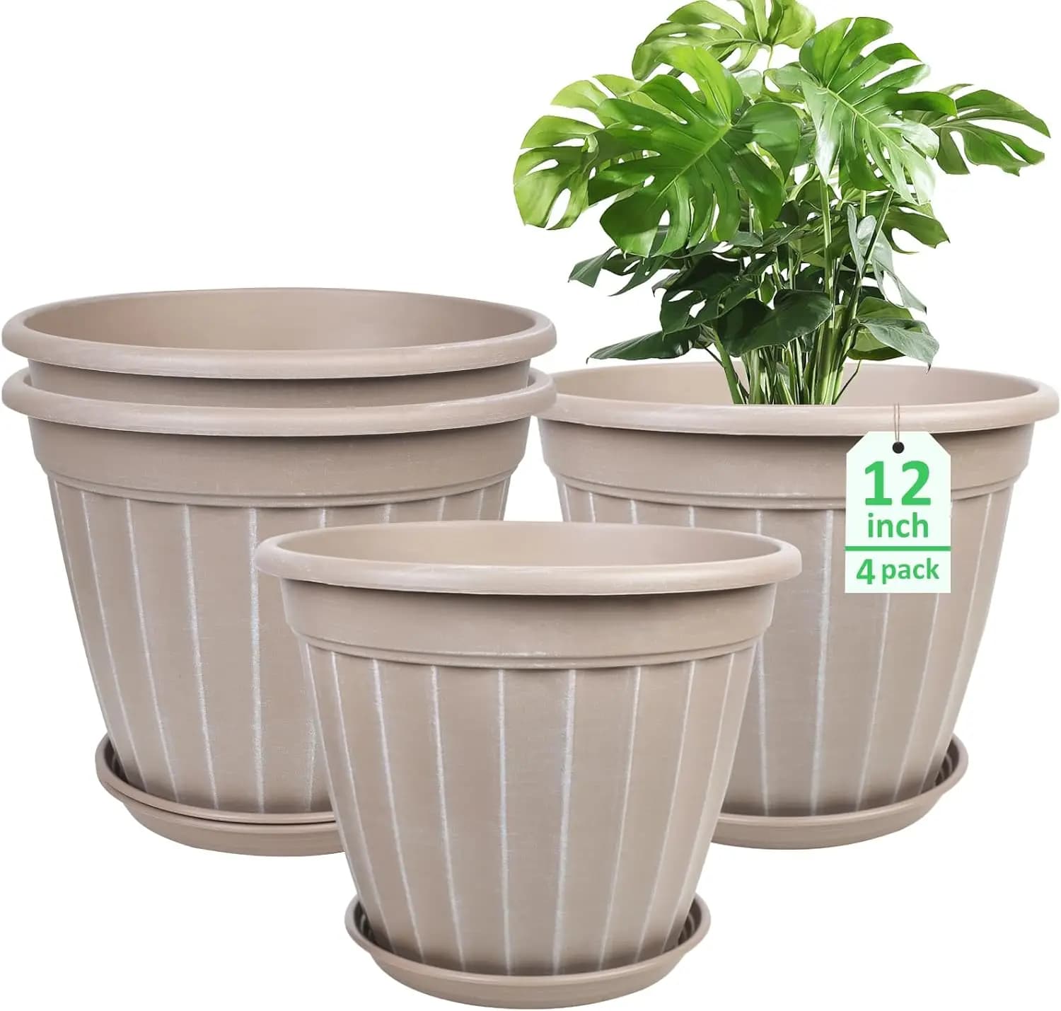 Vasi per Piante da 12 Pollici, Set di 4 Fioriere Alte con Fori di Drenaggio e Sottovasi, Grandi Vasi per Fiori da Interno ed Esterno, Beige