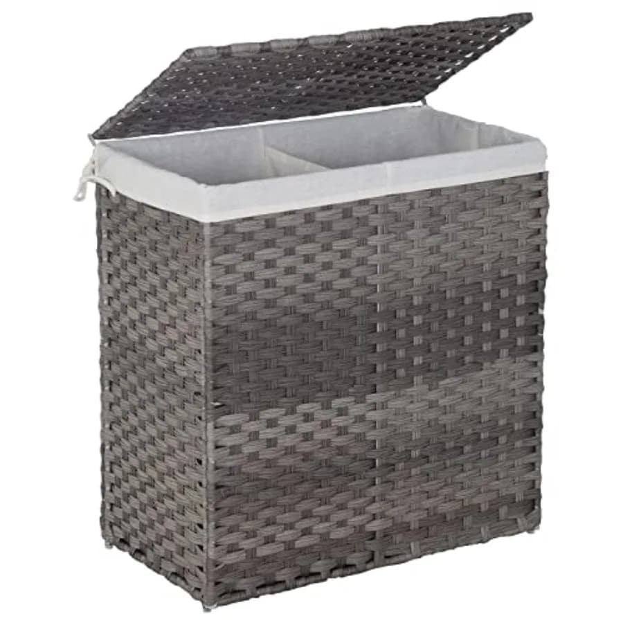 Cesto Portabiancheria in Rattan Intrecciato a Mano 90L/110L Pieghevole con Coperchio, 2 Sacchi Interni Rimovibili, 6 Sacchetti Portaoggetti, Grigio per Bagno e Camera da Letto
