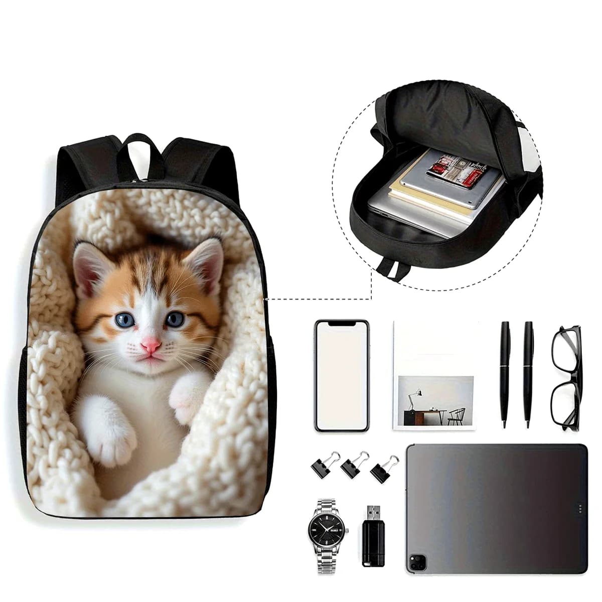 1 piece, kitten backpack, 17 inch casual laptop bag with bottle holder - lightweight and durable