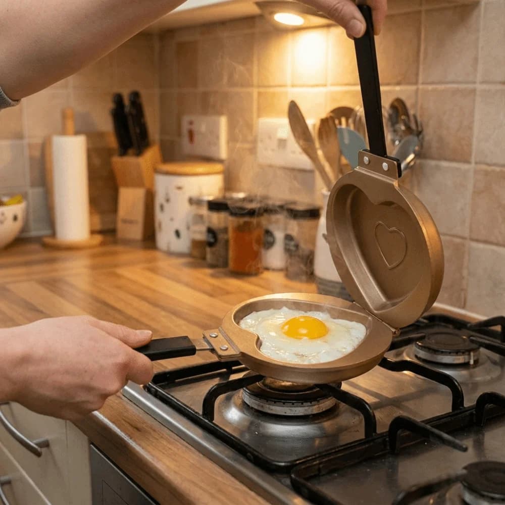 Padella a Forma di Cuore per Colazione, Fondo Piatto, Multiuso, Antiaderente, con Manico Lungo, Doppia Faccia, per Campeggio