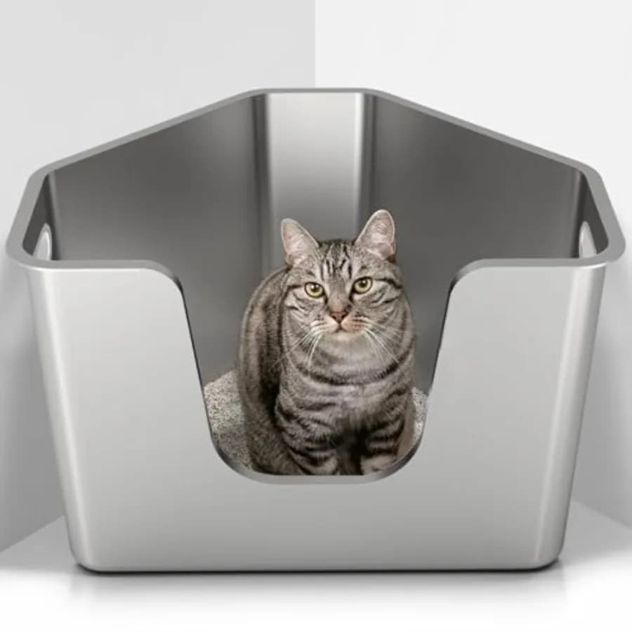 Stainless Steel Corner Cat Litter Box, Metal Litter Box with High Sided, One-piece Corner Cat Toilet, No Assembly Required, Non
