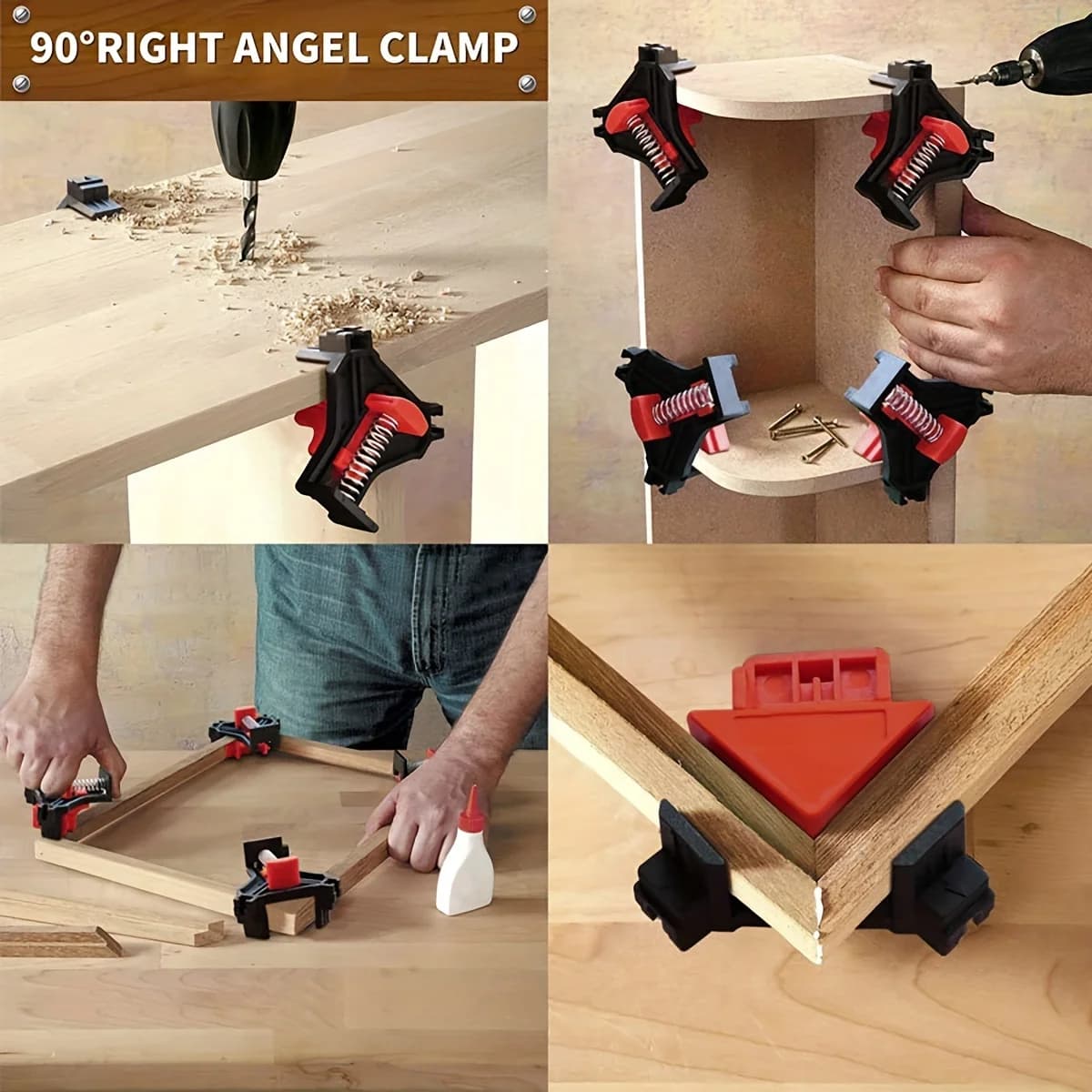 Clip for right angle frames for wood processing, 1/4 pieces, with sturdy spring, frame clip tool