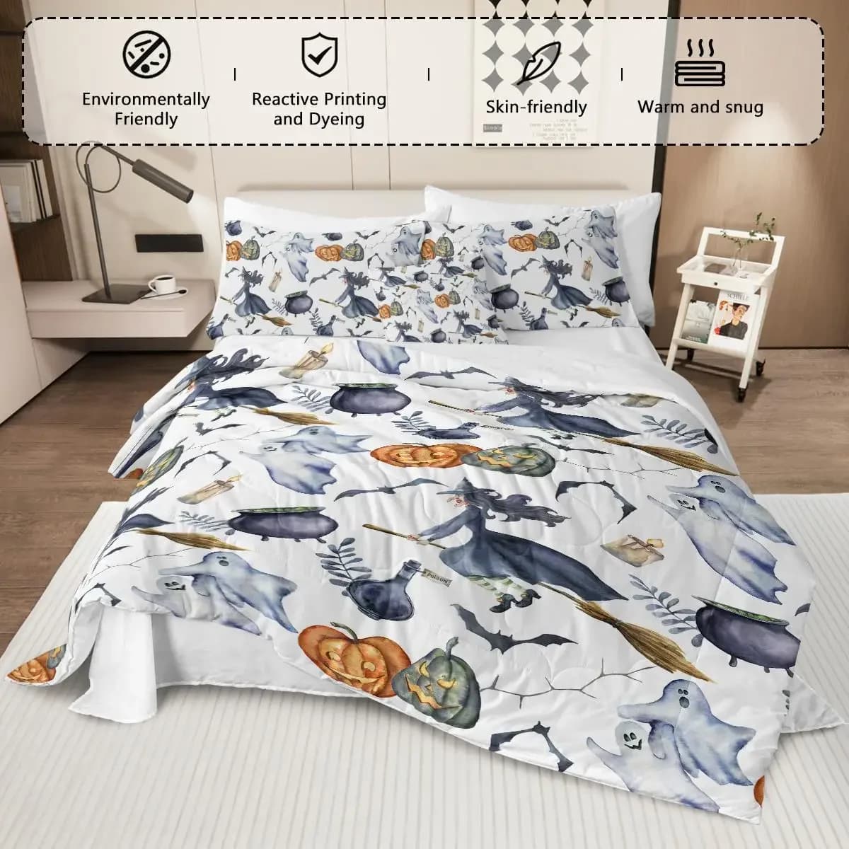 3PCS Halloween Witch Pattern Bed in a Bag Set - Twin Comforter, Sheets, Shams & Cushion Cover for Spooky Decor