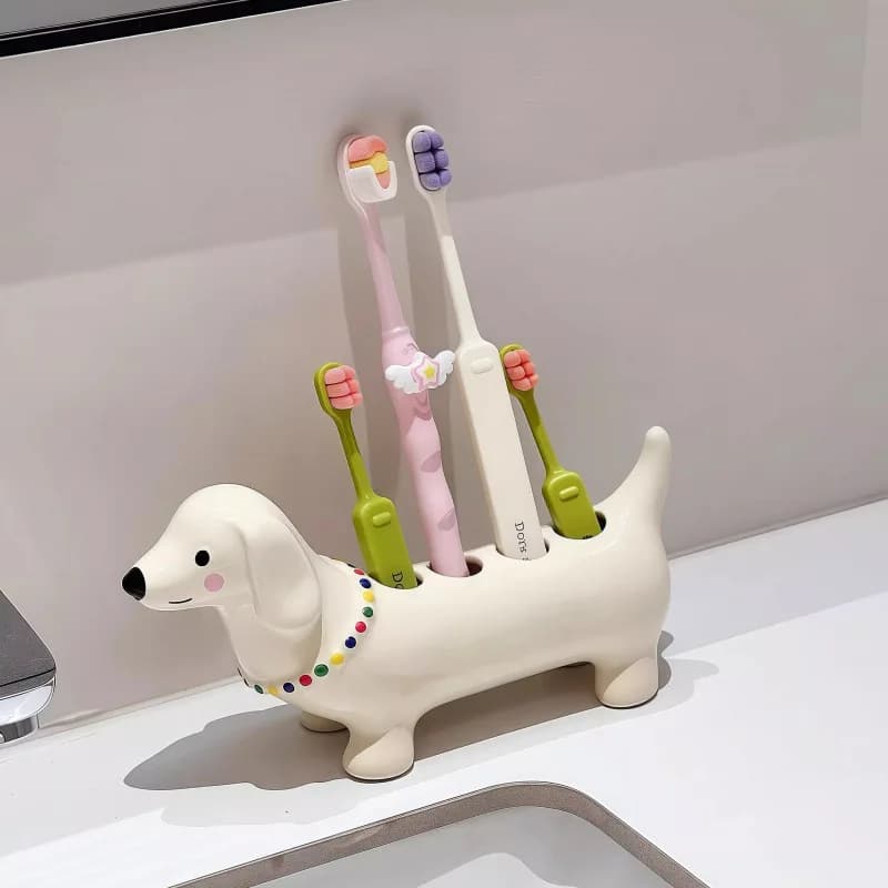 Portaspazzolino in Ceramica a Forma di Bassotto, Supporto per Spazzolini da Bagno, Base per Lavabo, Decorazione per il Bagno