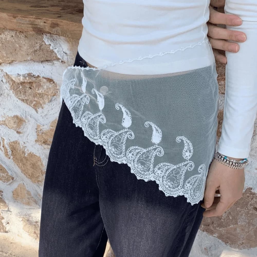 Niche White Lace Triangle Belt Layered Design Slimming Cut Korean Lace Apron Elegant Triangular Shape Belted Overlap Scarf Daily