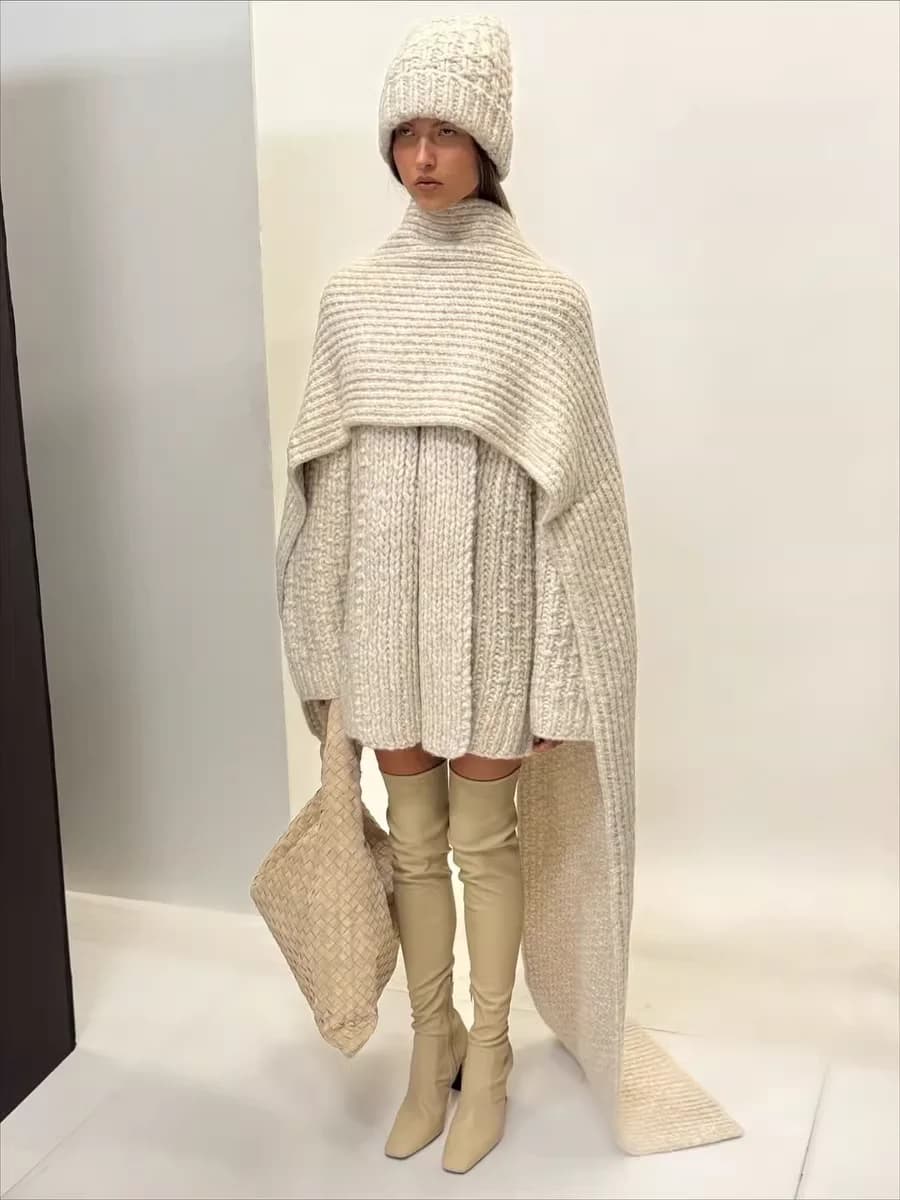 New Arrivals Beige Sweaters Fashion Ladies Ivory Wool Cardigan Casual Women's Knitted Scarf Beanies