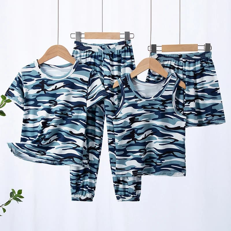 Summer children's camouflage 4-piece suit boys and girls casual pants suit Joker home shorts vest suit a variety of combinations