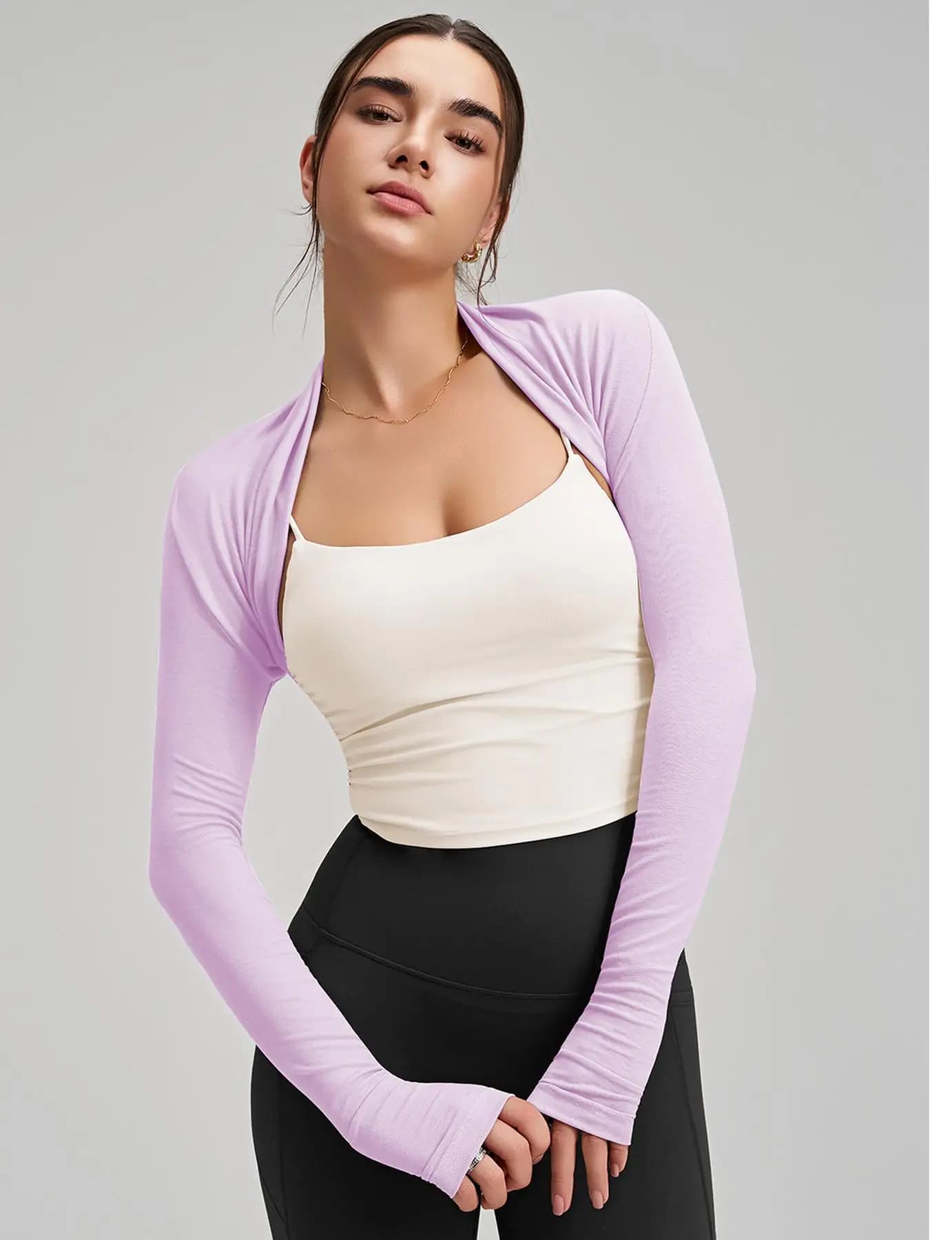Women's Long Sleeve Yoga Shrug, Cropped Open Front Workout Cover Up with Thumb Hole Sleeves for Gym Pilates
