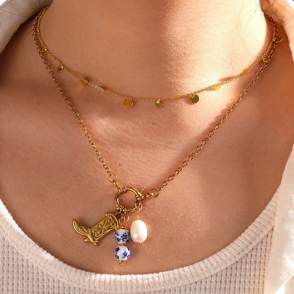 ZAKOL Fashionable Korean Lapel Collar Stainless Steel Party Jewelry Set with Circular Neck with Gold Freshwater Pearls