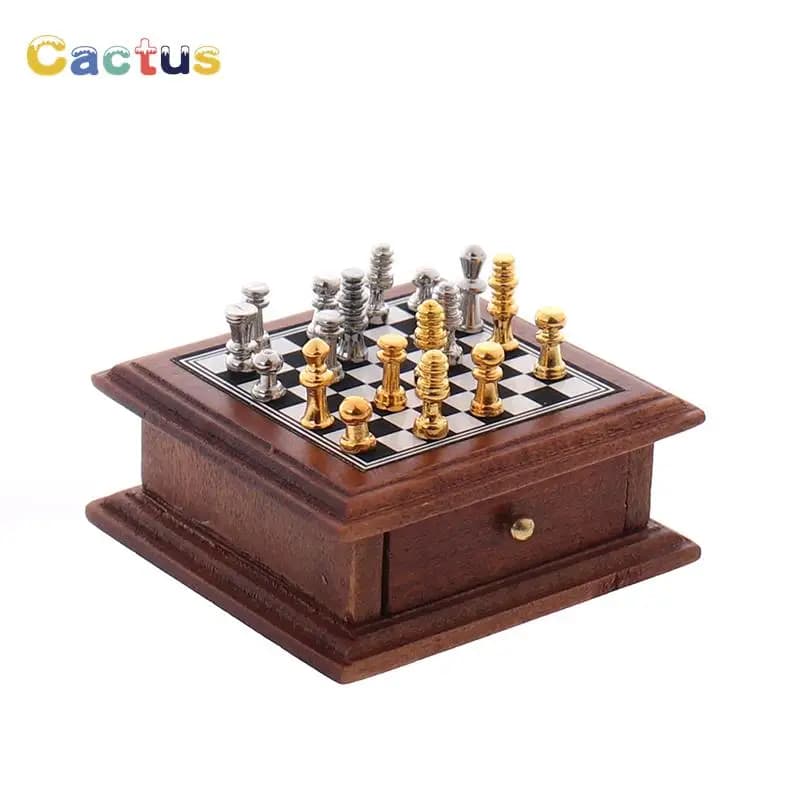 1:12 Dollhouse miniatura scacchiera scatola di immagazzinaggio Set Mini legno scacchiera mobili casa delle bambole accessori giocattoli