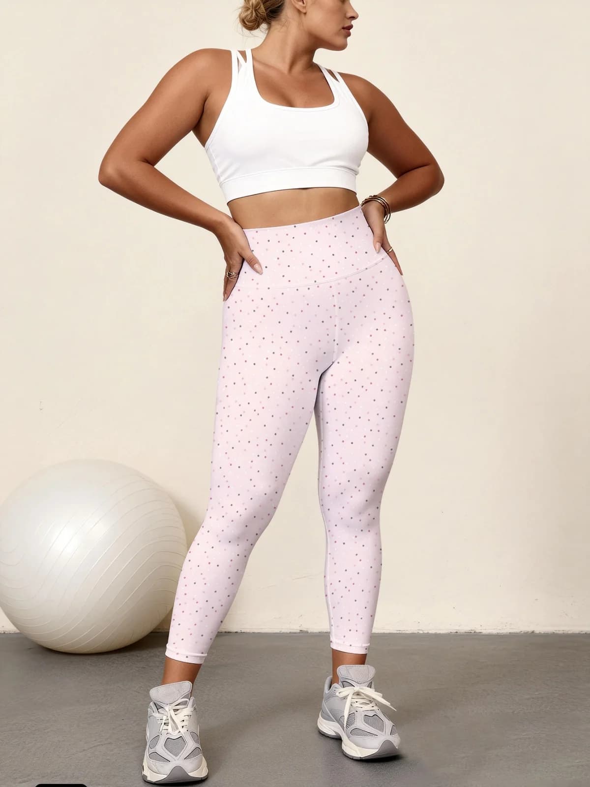 Pantaloni da yoga a vita alta da donna con stampa completa a pois neri, leggeri, elasticizzati e ad asciugatura rapida, ideali per lo sport.