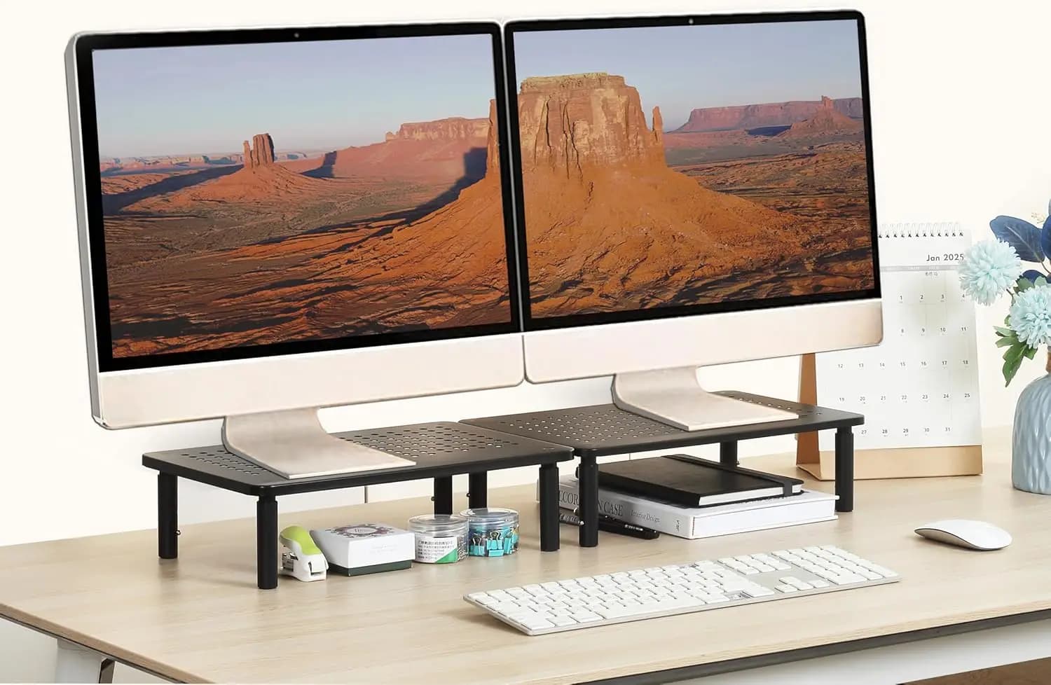 Adjustable support for desk monitor, laptop support with metal mesh shelf (2 pieces, 37 cm Lx23,5 cm)