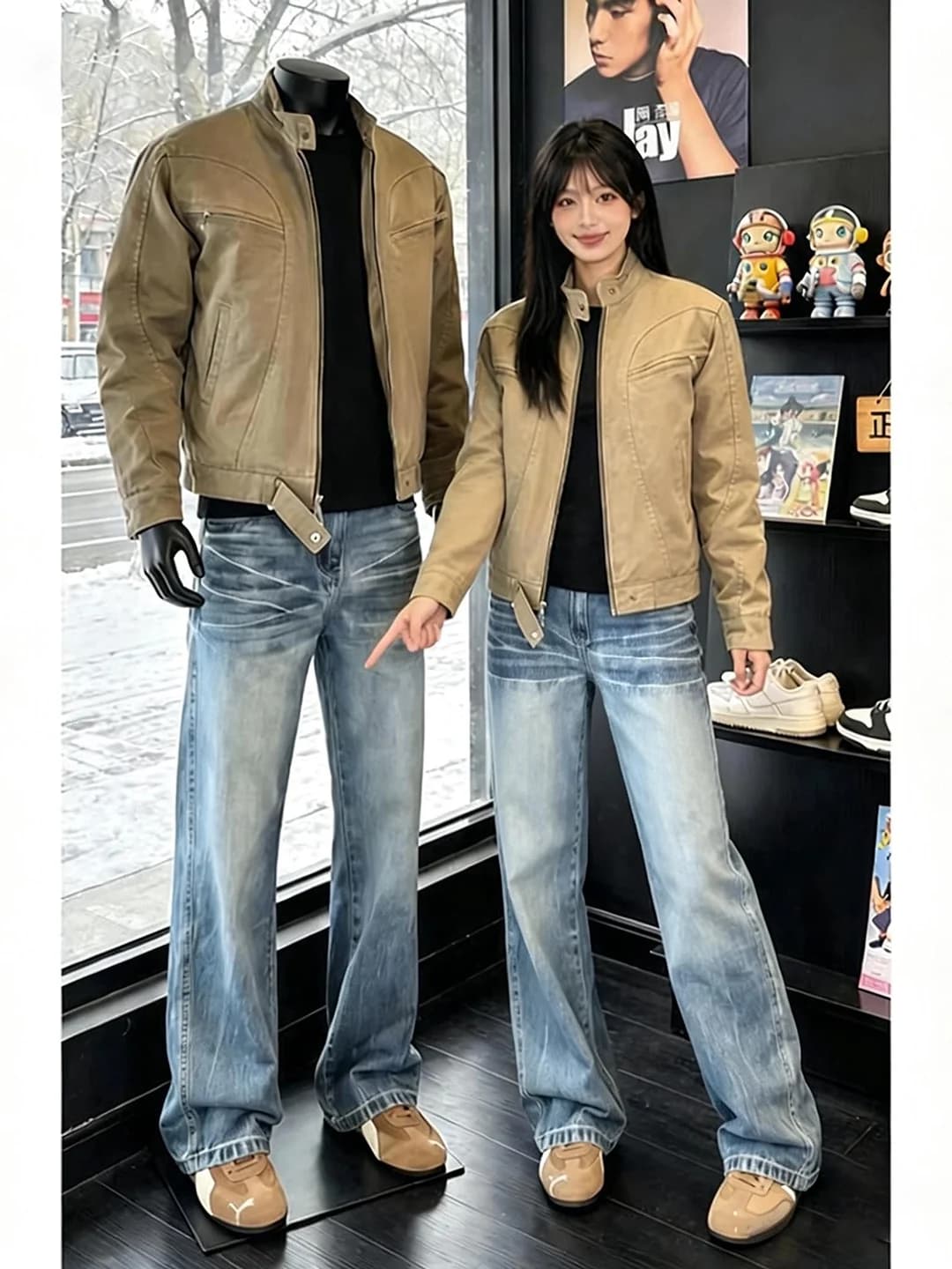 Jeans da uomo a gamba dritta a vita alta con motivo fulmineo azzurro, effetto snellente, per primavera e autunno