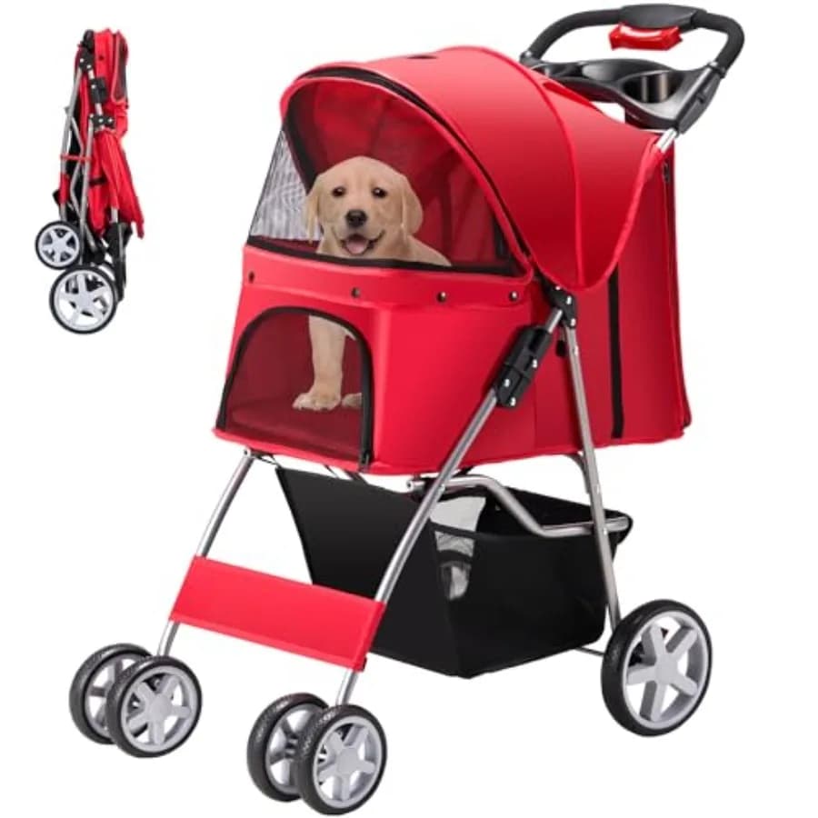 Passeggino per animali domestici di taglia media/piccola, in poliestere rosso con rete traspirante, carrello pieghevole per tutte le stagioni con funzione c