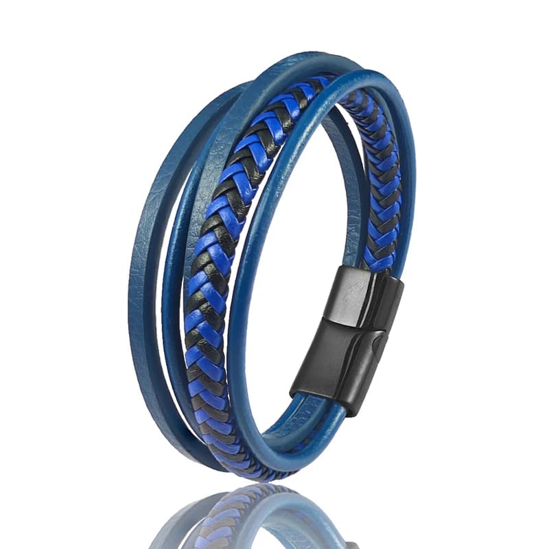 Men Bracelet Vintage Multilayer Blue Leather Stainless Steel Charm Wrist Bangle Luxury Male Jewelry Birthday Anniversary Gift