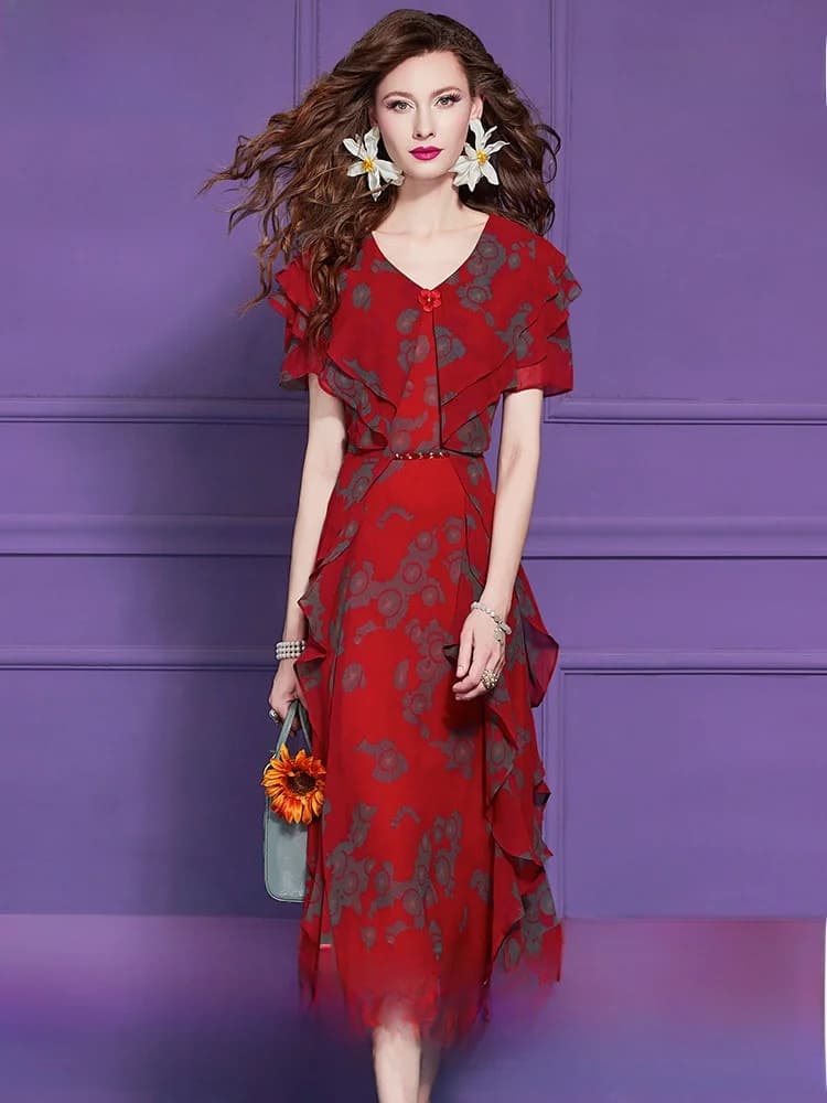 Red Beaded Print Short Sleeve Women's Dress V-Neck High Waist Design Summer Elegant A-Line Skirt City Commute Fashion