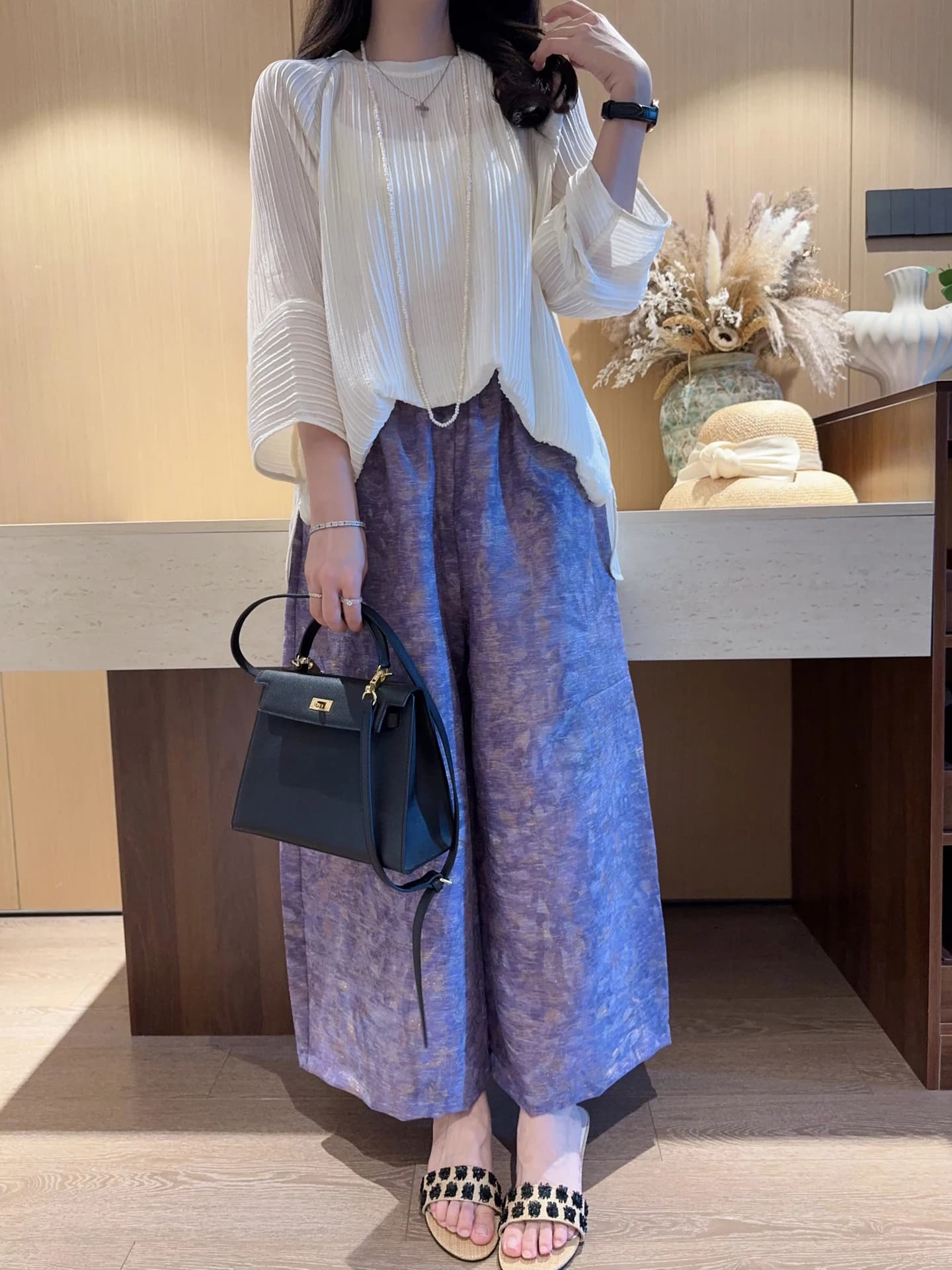 Nuovi Pantaloni a Gonna Larga in Seta Lino Viola Stile Cinese con Luce Scintillante, Modello a Nove Punti, Estivi, per Camminare, con Scintillio Sottile a Ogni Passo