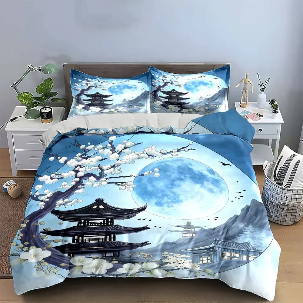 Set di decorazioni artistiche con paesaggi giapponesi, set di biancheria da letto morbida e confortevole, include 1 copripiumino e 2 federe, regalo