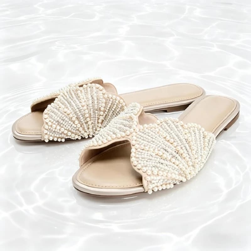 Fashion Faux Pearl Appliques Detail Flat Sandals for Women Elegant Round-Toe Open-Toe Flat Slide Sandals Comfortable Women Shoes