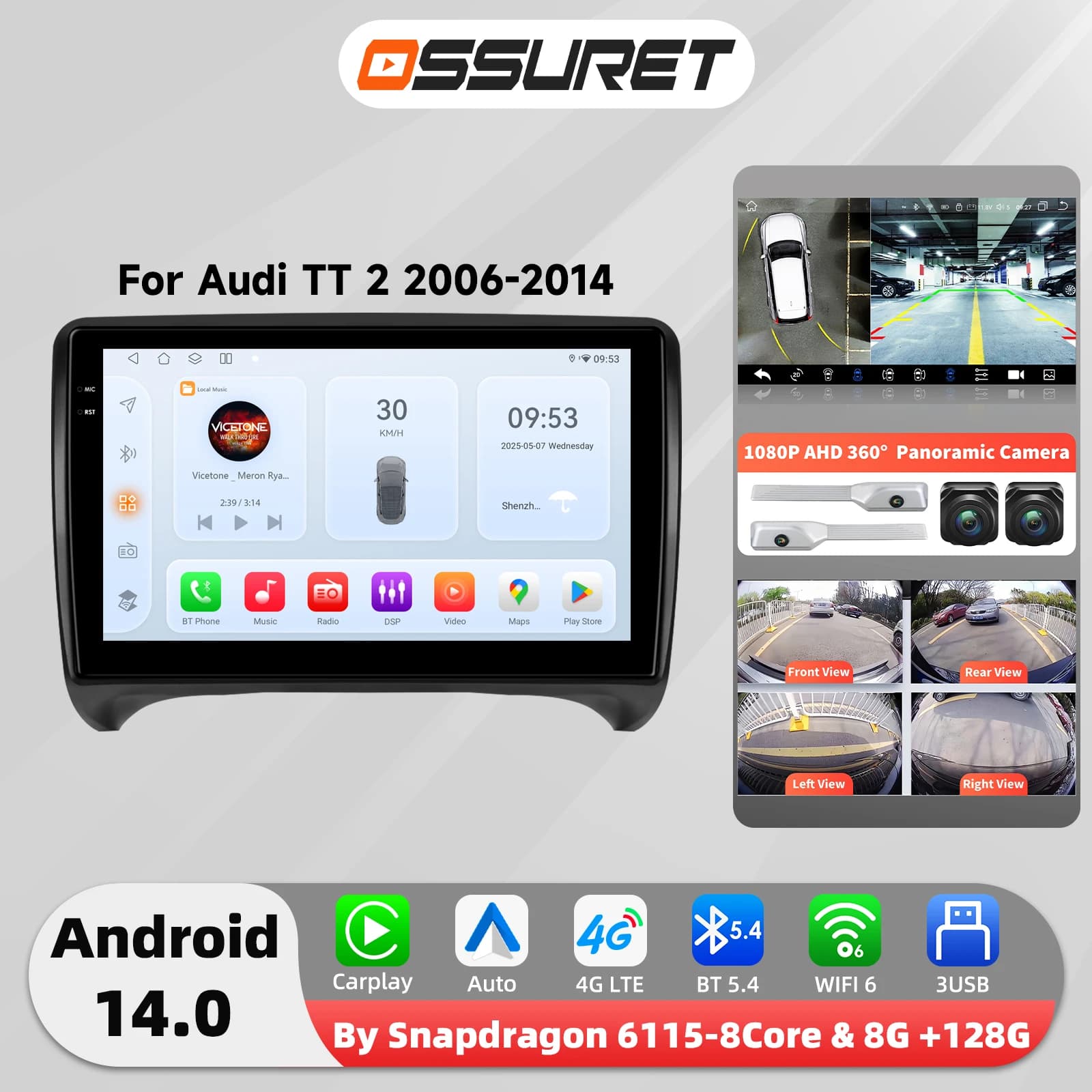 9Inch Andriod 14 Car radio For Audi TT MK2 8J 2006 2007 2008 2009 - 2014 Multimedia player GPS Video 360 Camera 4G Wifi Bluetooth