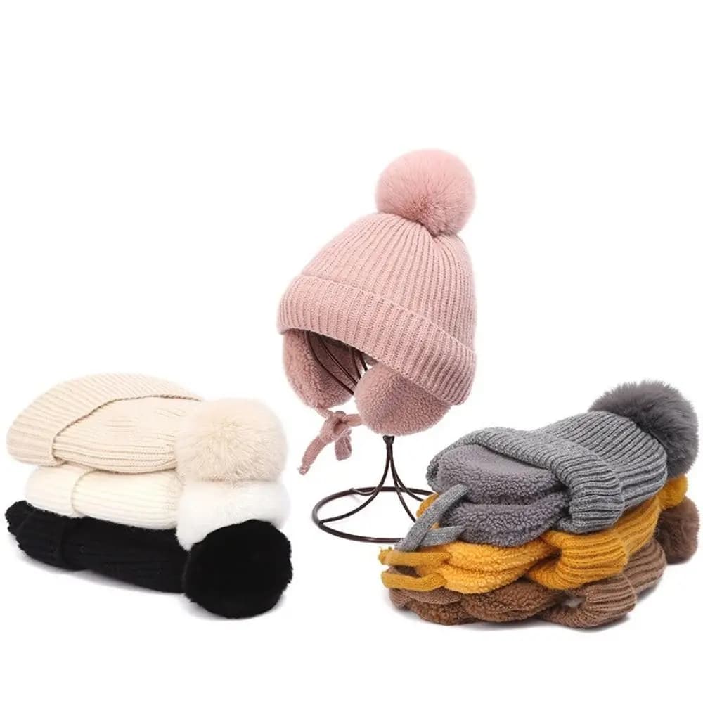 Thick Plush Children Knitted Hat Ear Protection Cartoon Pompom Beanie with Earflap Warm Cute Wool Cap Winter Autumn
